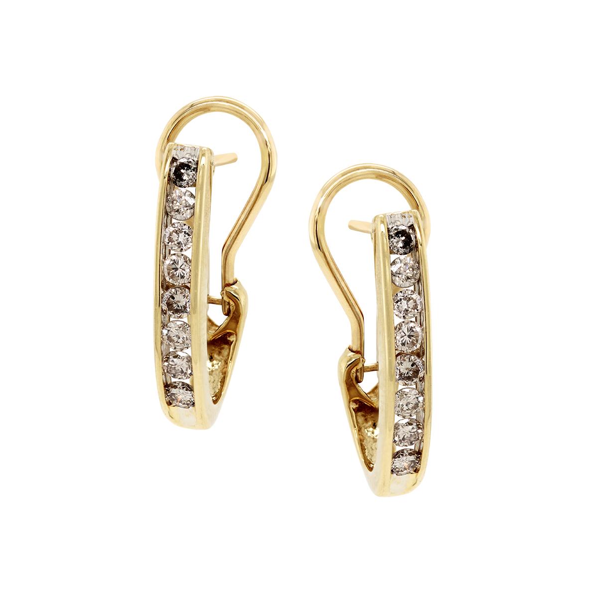 YELLOW GOLD CHAMPAGNE DIAMOND HOOP EARRINGS, 1.5 CT TW