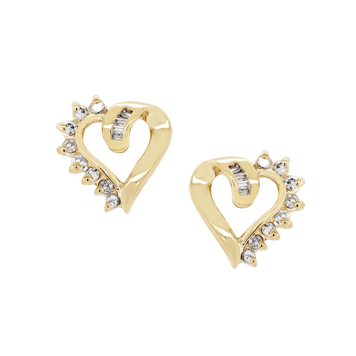 YELLOW GOLD HEART SHAPED STUD EARRINGS WITH DIAMONDS, 1/5 CT TW