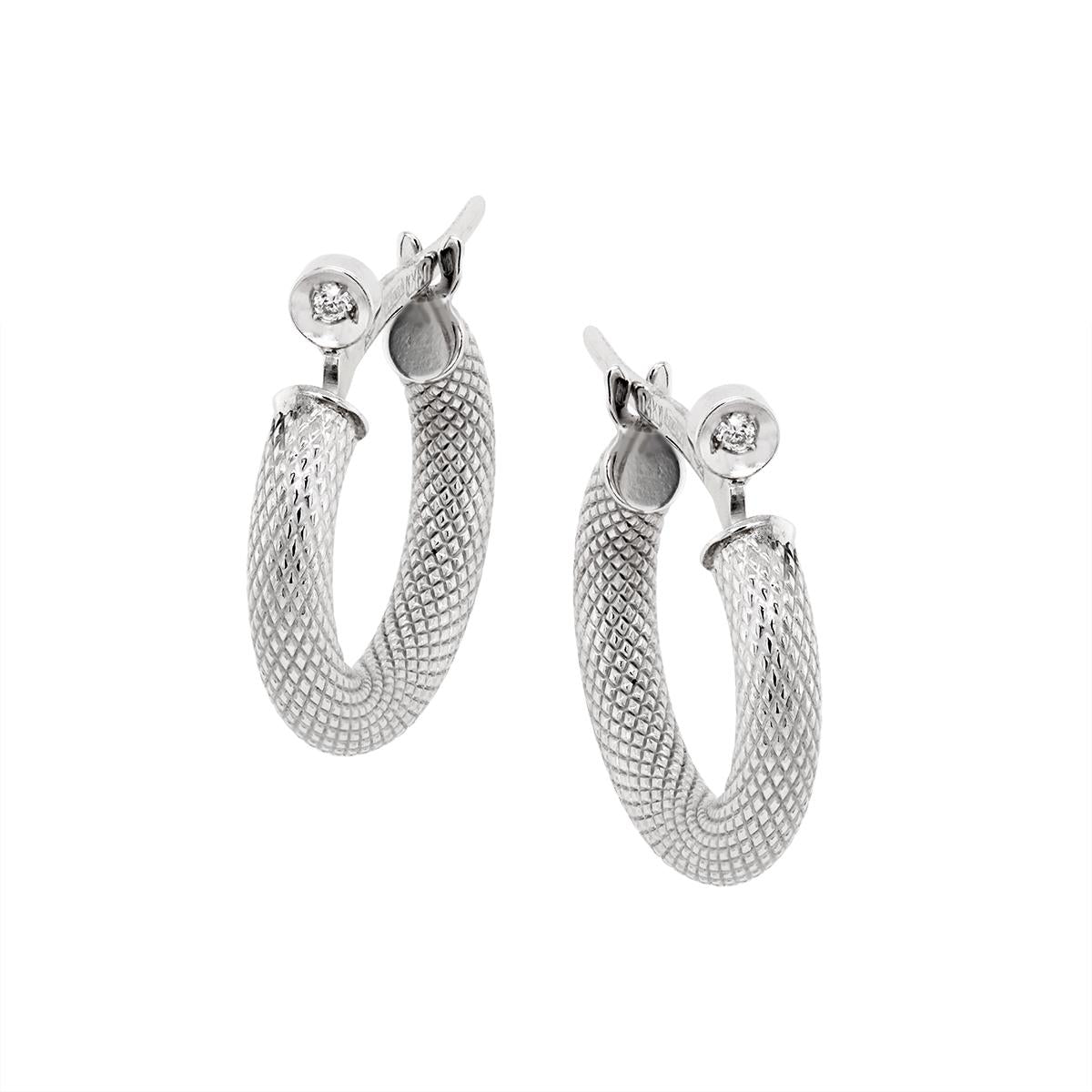 SMALL WHITE GOLD TEXTURED DIAMOND HOOP EARRINGS, .02 CT TW