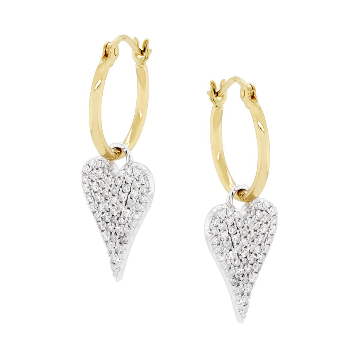 TWO-TONE GOLD HOOPS WITH DANGLING DIAMOND HEARTS, .64 CT TW