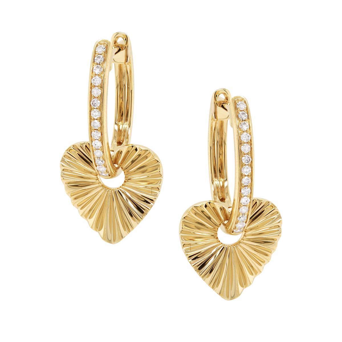 YELLOW GOLD HOOP EARRINGS WITH DANGLE HEARTS AND DIAMONDS, .15 CT TW