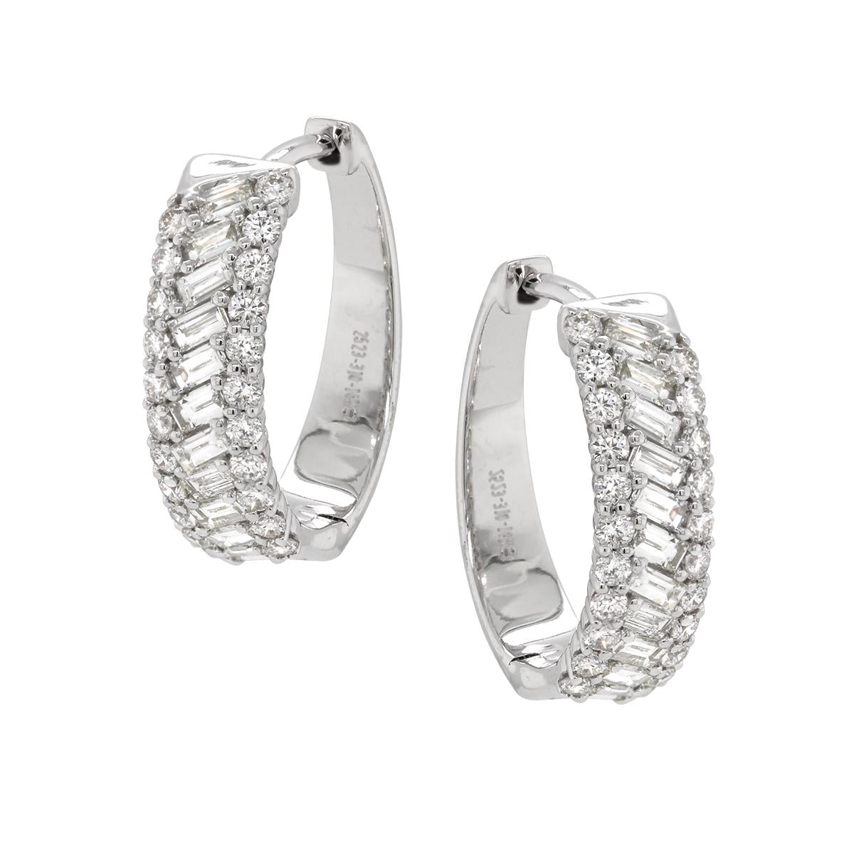 WHITE GOLD HOOP EARRINGS WITH ROUND AND BAGUETTE DIAMONDS, .98 CT TW