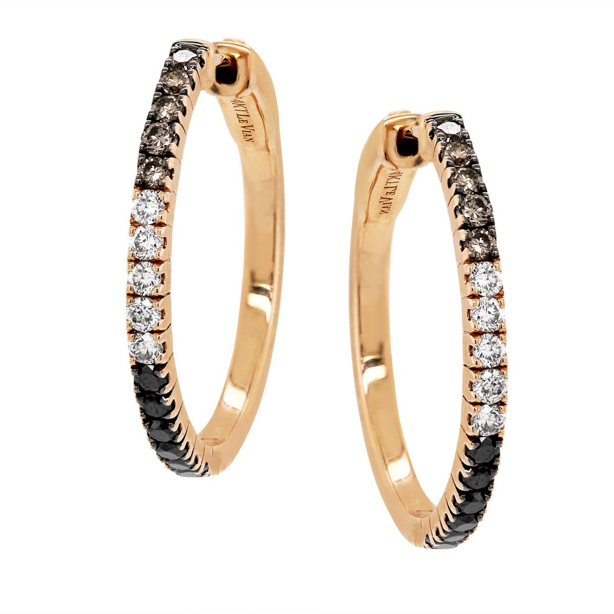 ROSE GOLD BROWN BLACK AND WHITE DIAMOND HOOP EARRINGS, 1.00 CT TW
