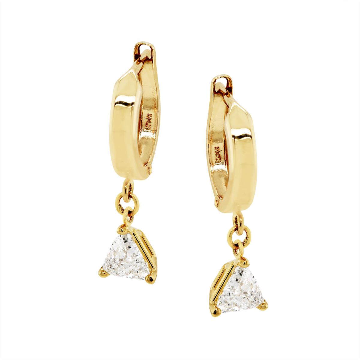 GOLD DANGLE HOOP EARRINGS WITH TRILLION CUT DIAMONDS, .75 CT TW