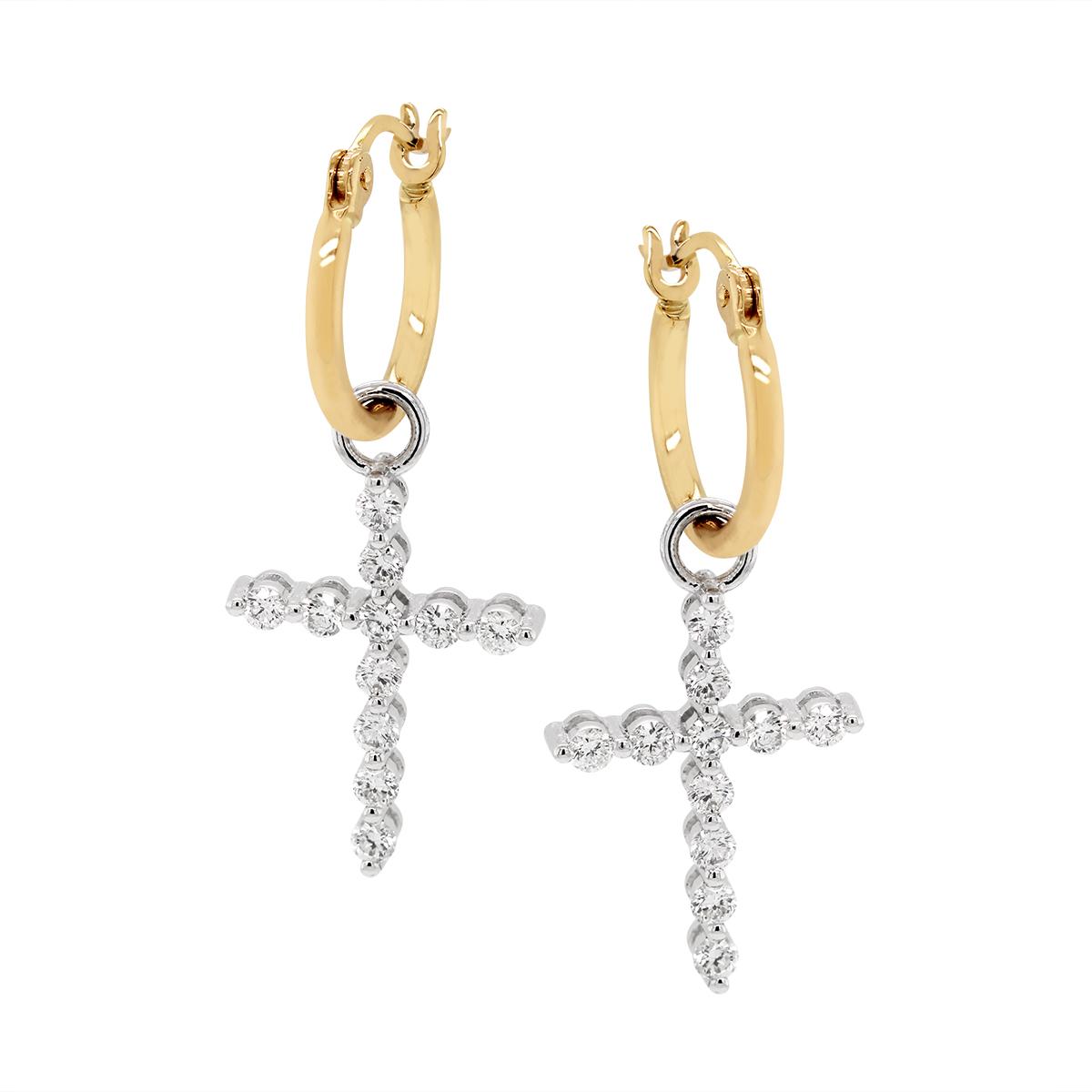TWO-TONE GOLD HOOP EARRINGS WITH DIAMOND CROSS, .57 CT TW