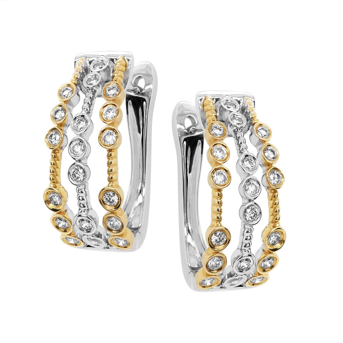 TWO-TONE GOLD BEZEL SET DIAMOND HOOP EARRINGS, .62 CT TW