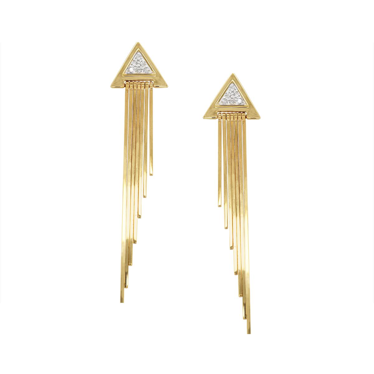 YELLOW GOLD TRIANGLE DIAMOND CLUSTER DANGLE EARRINGS, 1/10 CT TW