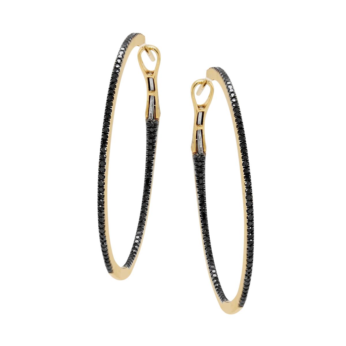 LARGE YELLOW GOLD IN AND OUT BLACK DIAMOND HOOP EARRINGS, .52 CT TW