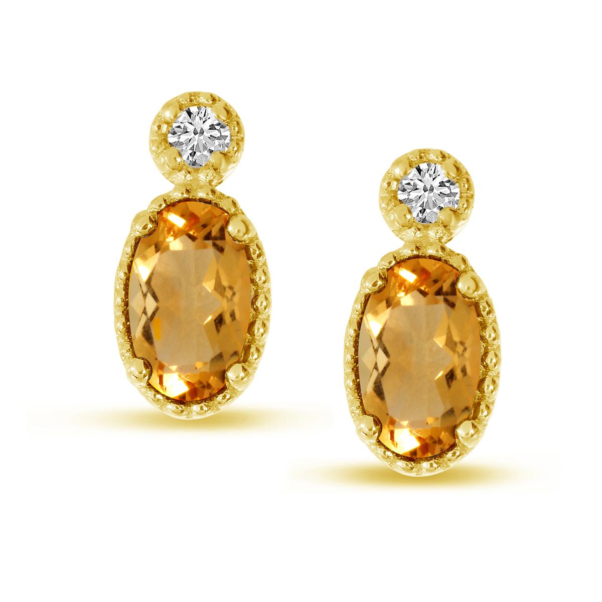 YELLOW GOLD STUD EARRINGS WITH OVAL CITRINE AND ROUND DIAMONDS, .03 CT TW