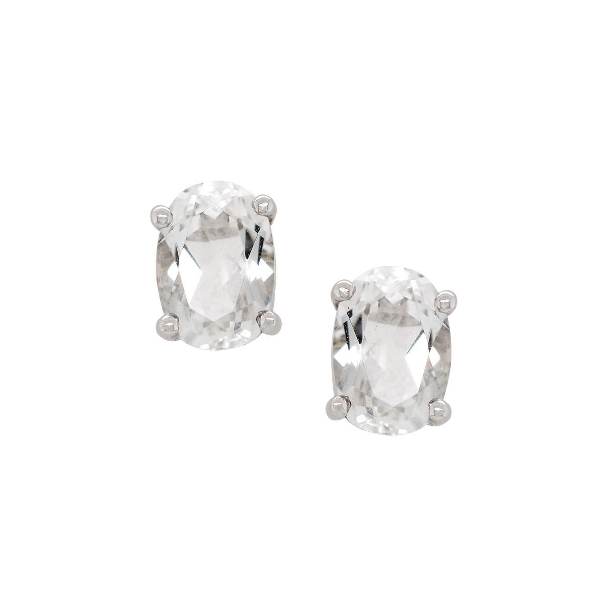 WHITE GOLD OVAL WHITE TOPAZ STUD EARRINGS