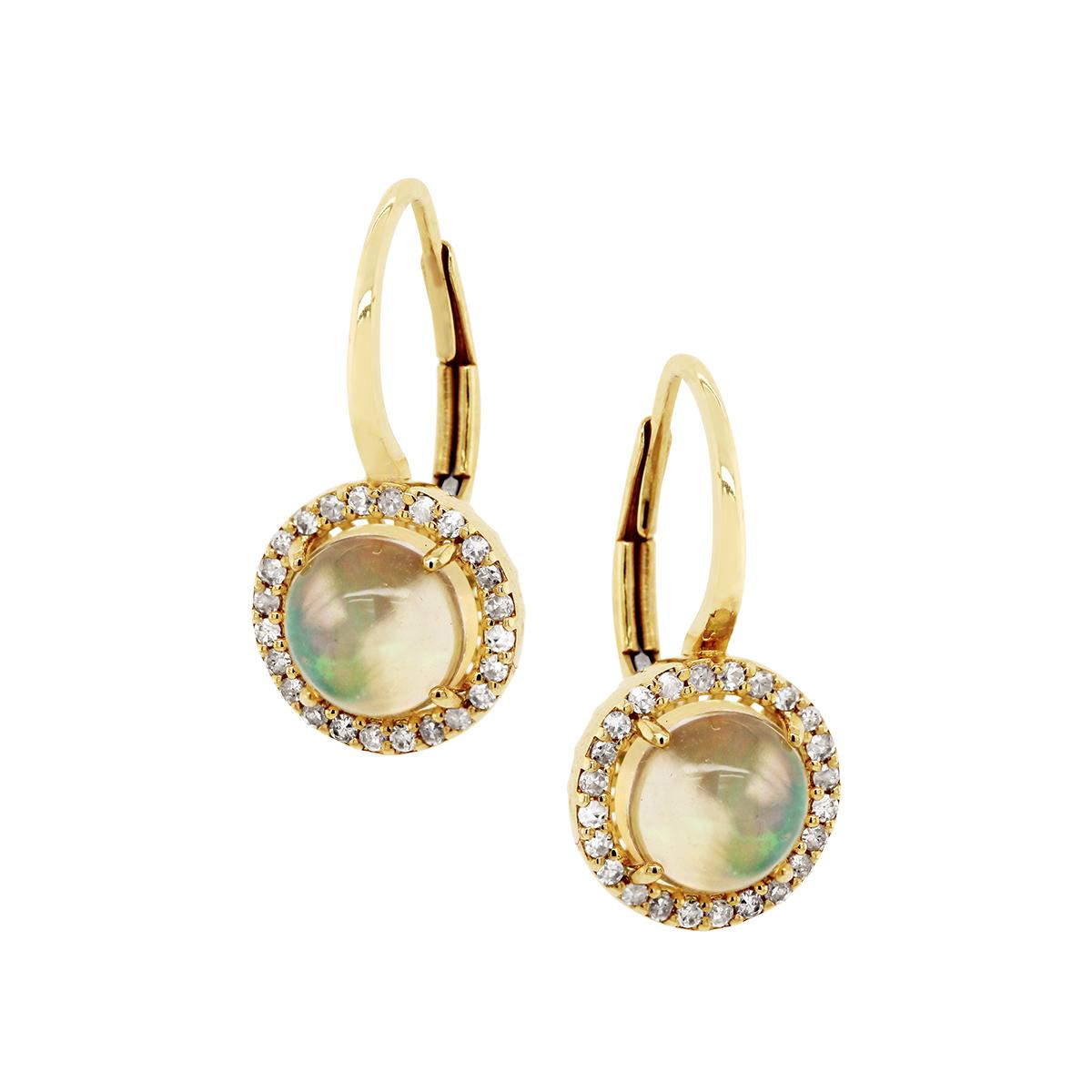 YELLOW GOLD OPAL DANGLE EARRINGS WITH DIAMOND HALOS, .16 CT TW
