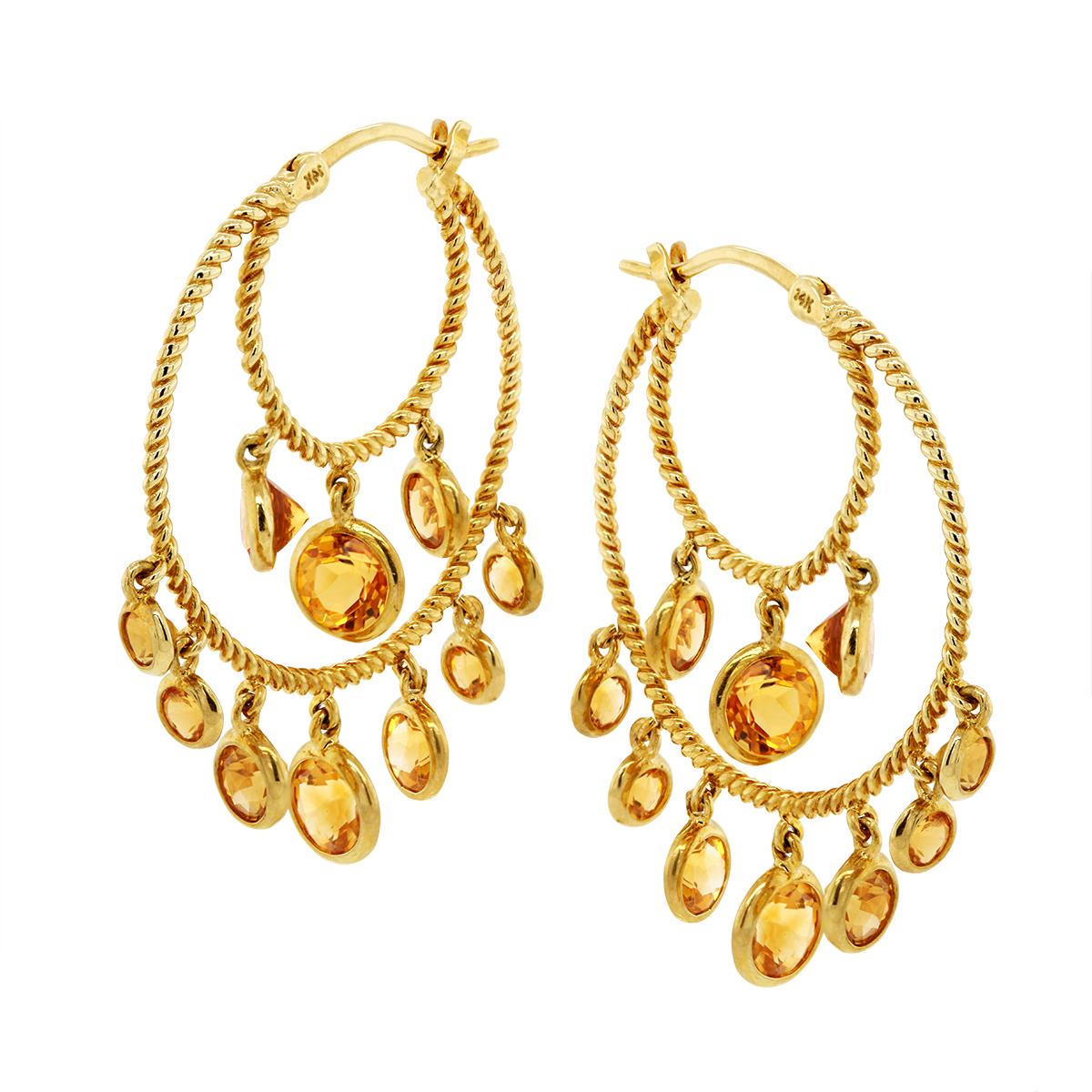 YELLOW GOLD DOUBLE HOOP EARRINGS WITH DANGLING CITRINE GEMSTONES