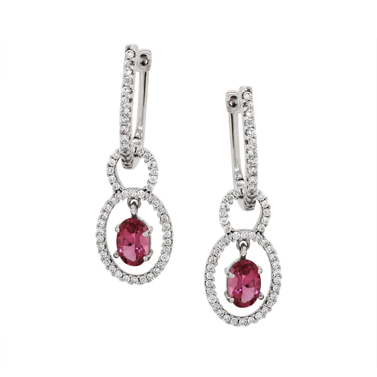 WHITE GOLD OVAL PINK SAPPHIRE AND DIAMOND DANGLE EARRINGS, 5/8 CT TW