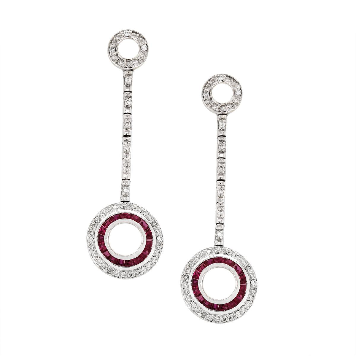 WHITE GOLD RUBY AND DIAMOND DANGLE EARRINGS, 3/4 CT TW