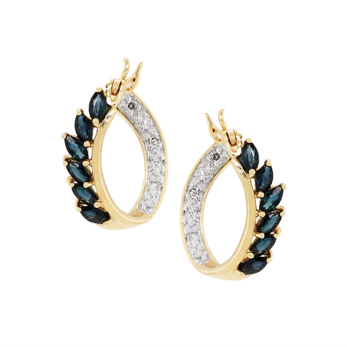 YELLOW GOLD MARQUISE SAPPHIRE AND DIAMOND HOOP EARRINGS, 1/10 CT TW