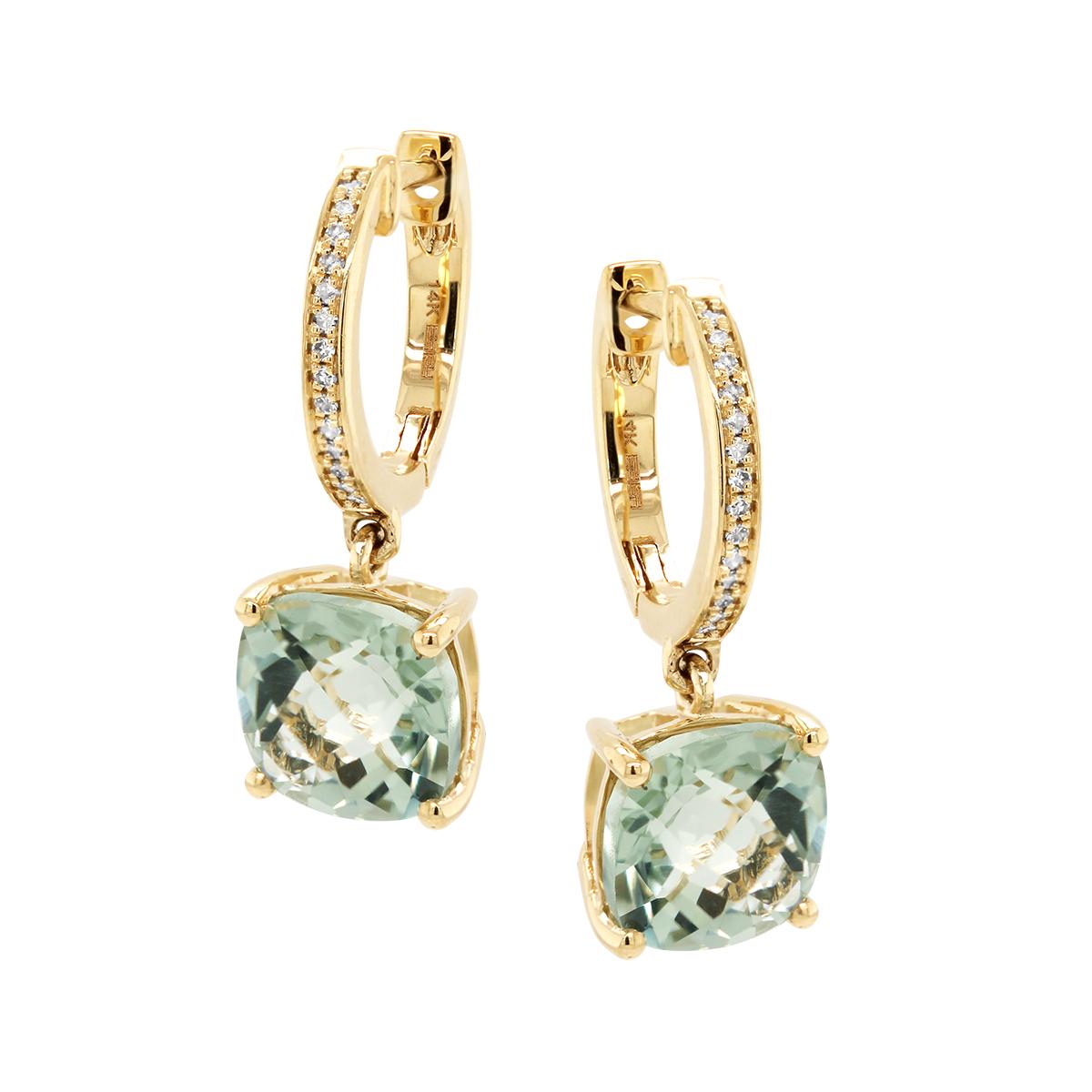 YELLOW GOLD GREEN AMETHYST DANGLE EARRINGS, .07 CT TW
