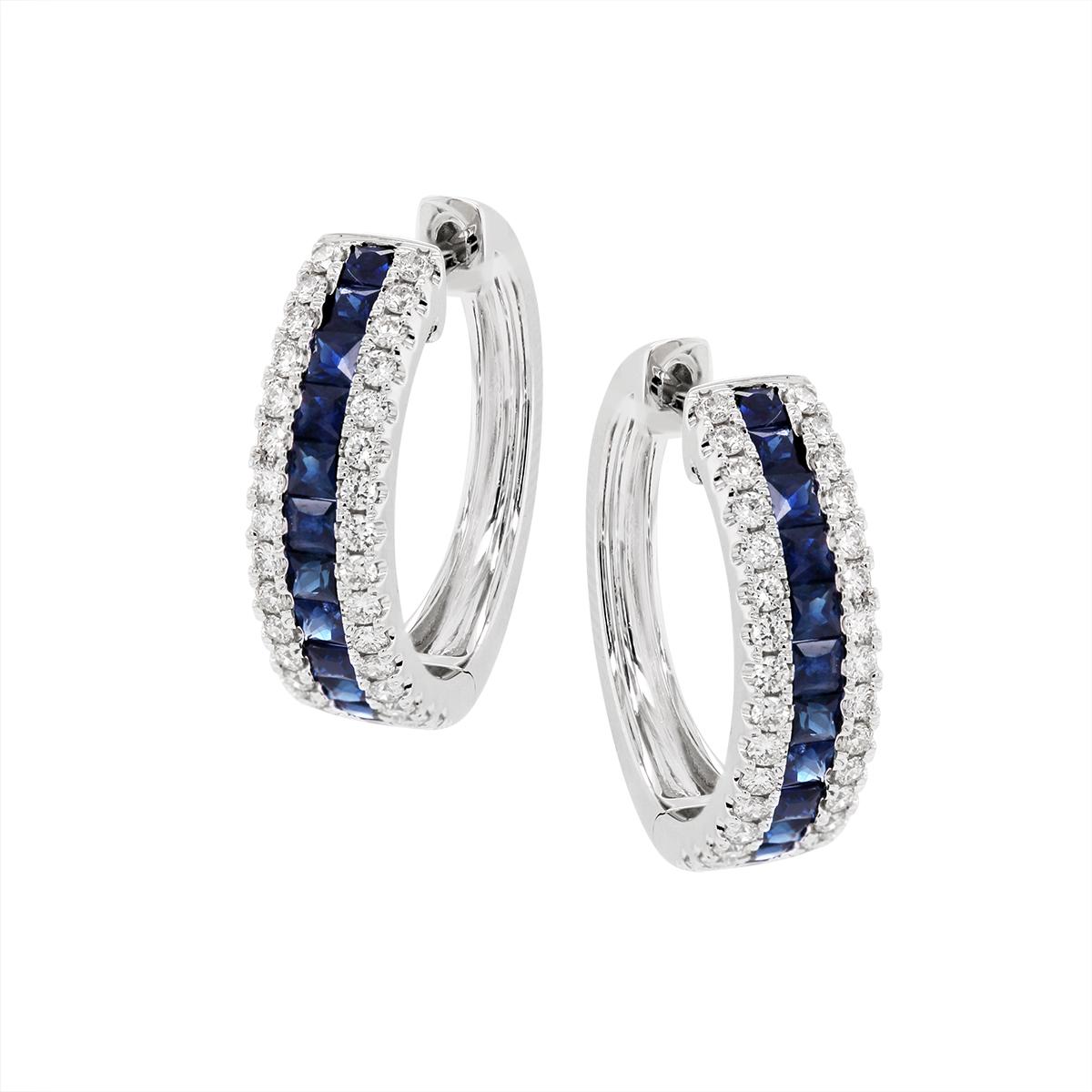 WHITE GOLD SQUARE SAPPHIRE AND DIAMOND HOOP EARRINGS, .54 CT TW