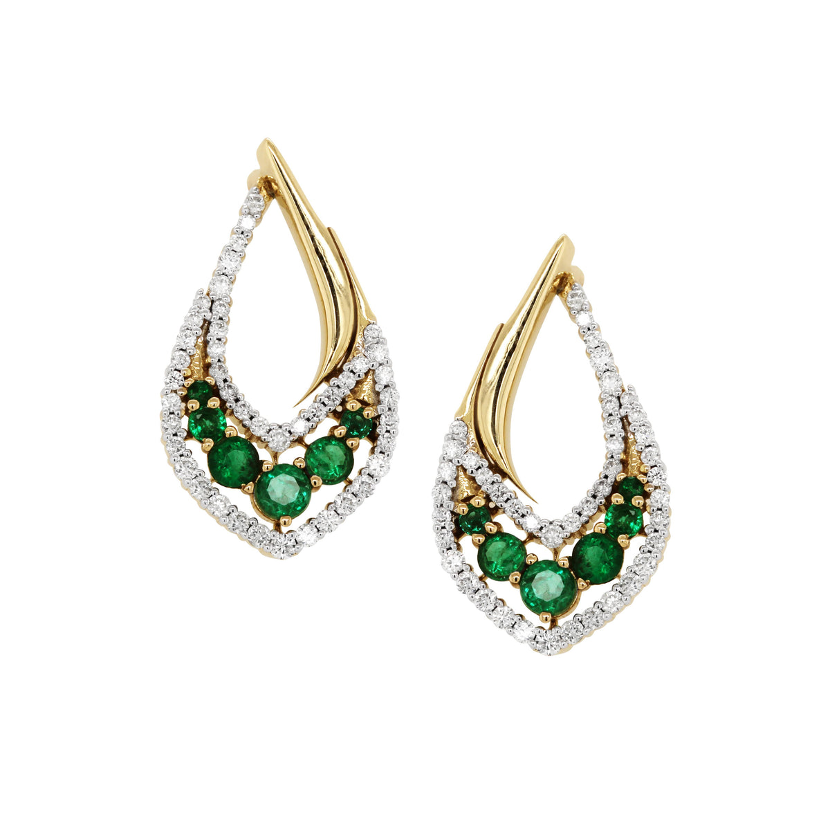 MODERN GOLD EMERALD AND DIAMOND EARRINGS, .43 CT TW