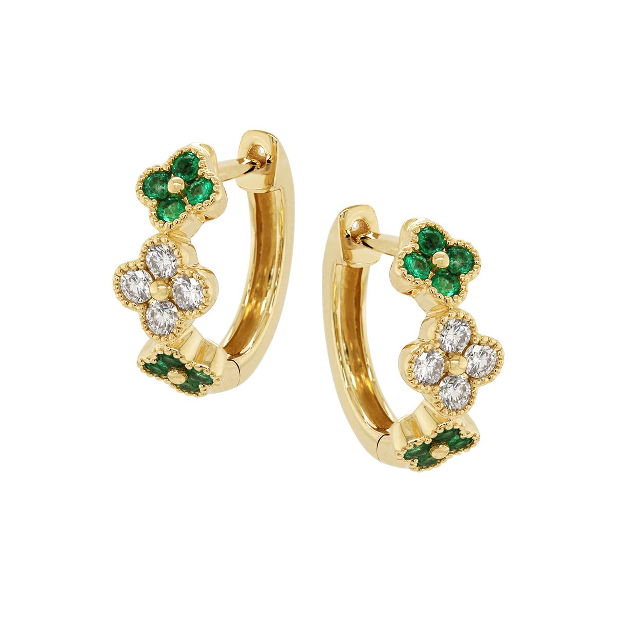 YELLOW GOLD EMERALD AND DIAMOND CLOVER HOOP EARRINGS, .32 CT TW