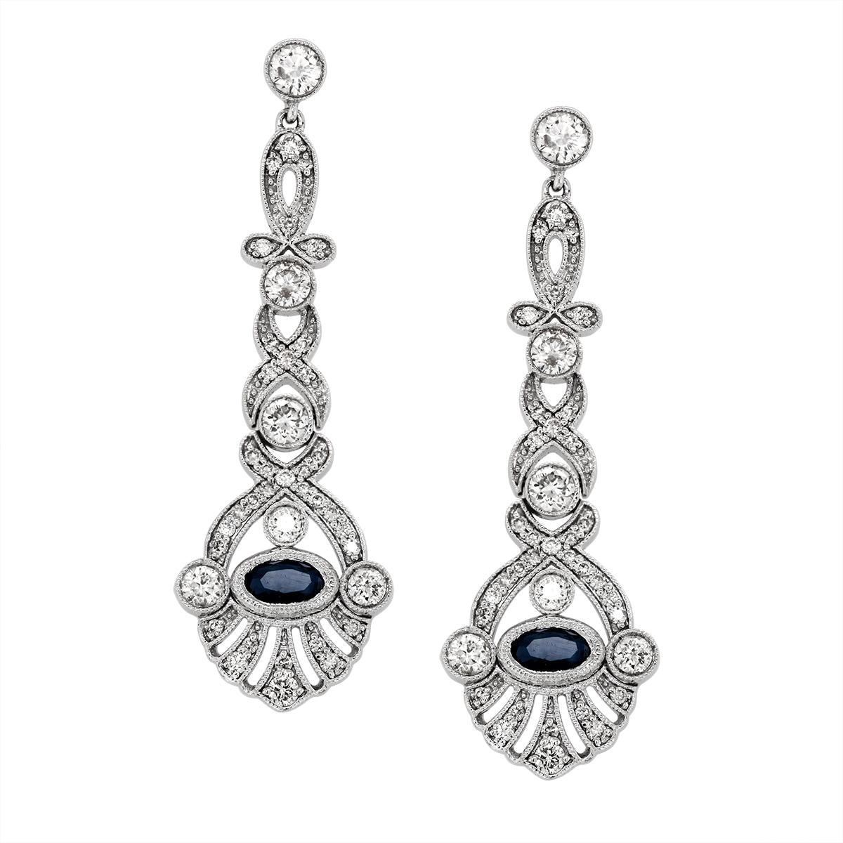 WHITE GOLD OVAL SAPPHIRE AND DIAMOND DANGLE EARRINGS, 1.00 CT TW