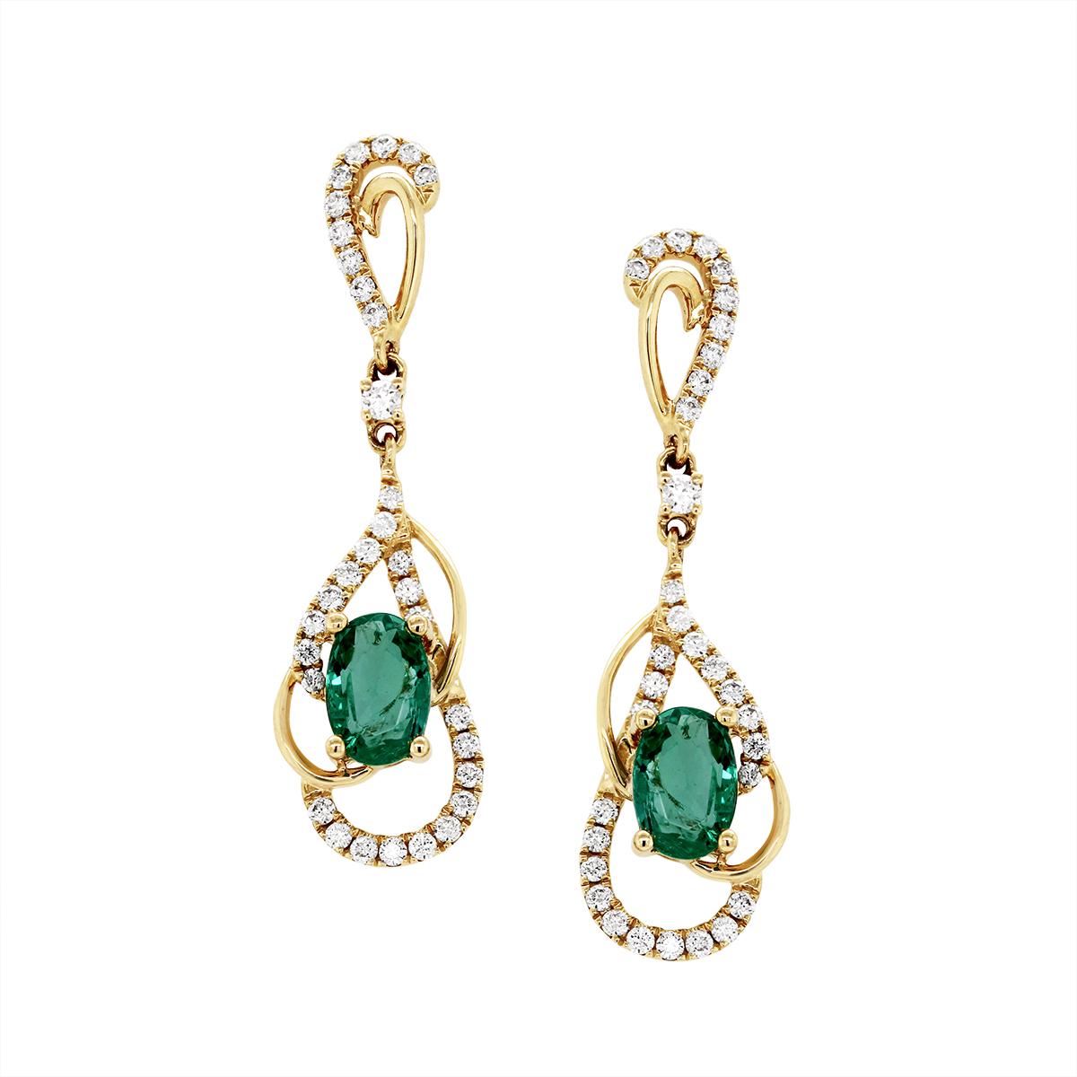 YELLOW GOLD DIAMOND AND OVAL EMERALD DANGLE EARRINGS, .34 CT TW