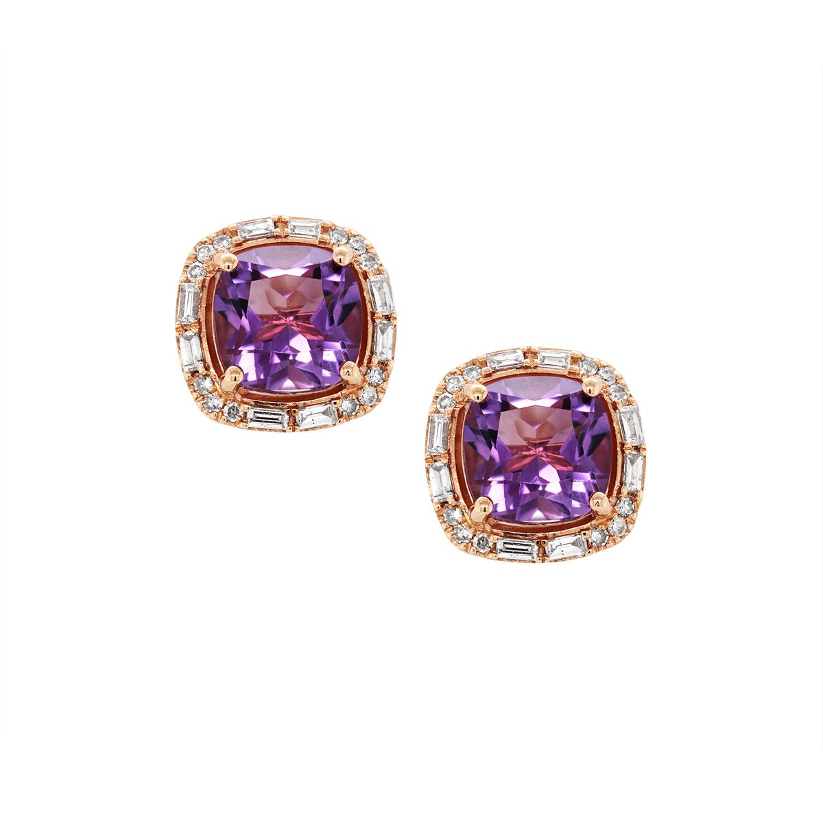 ROSE GOLD CUSHION AMETHYST EARRINGS WITH DIAMONDS, .41 CT TW