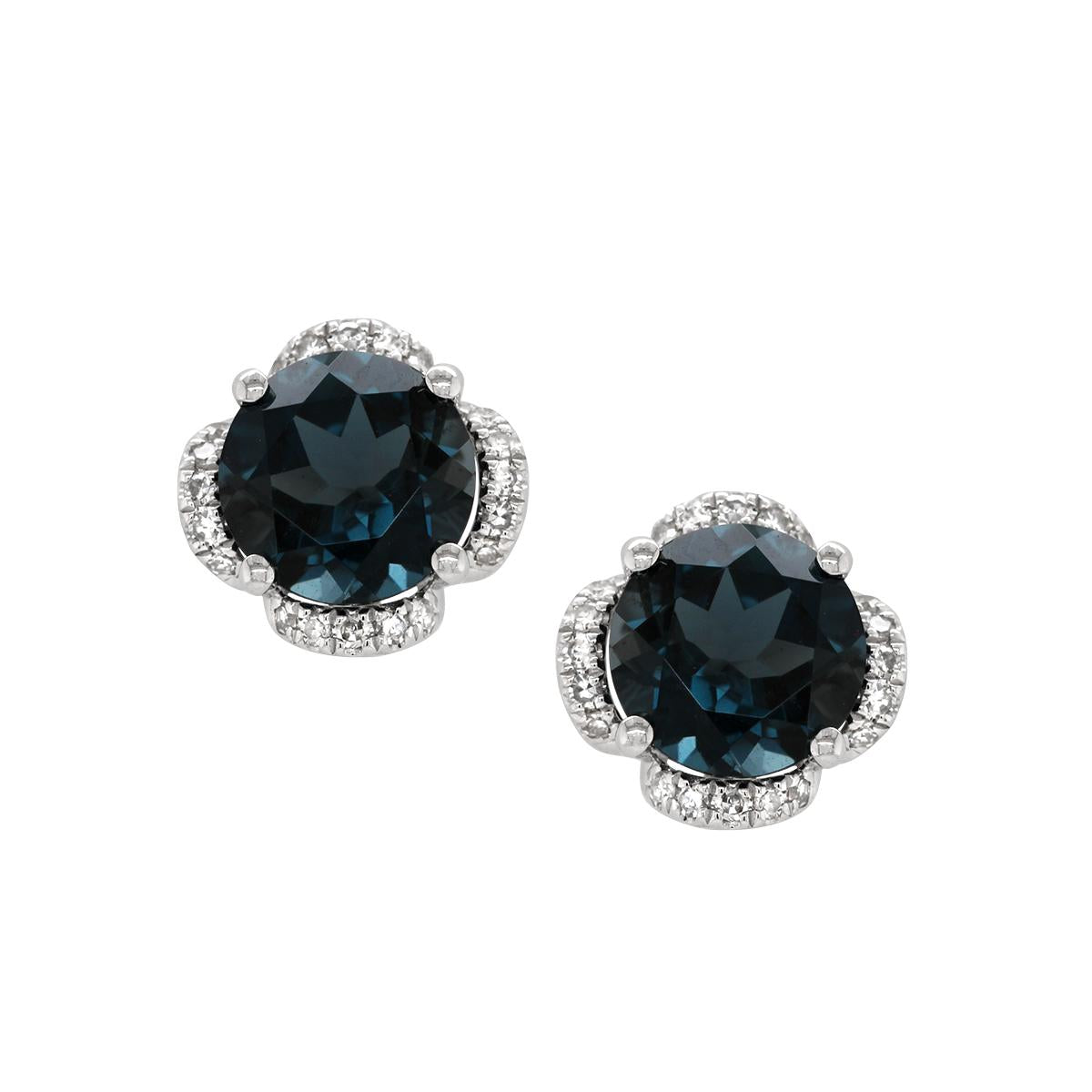 WHITE GOLD LONDON BLUE TOPAZ AND DIAMOND STUD EARRINGS, .19 CT TW