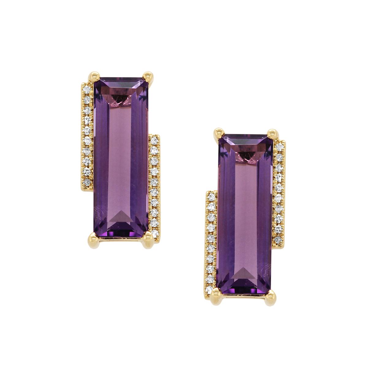 GOLD EMERALD CUT AMETHYST STUD EARRINGS WITH DIAMONDS, .10 CT TW
