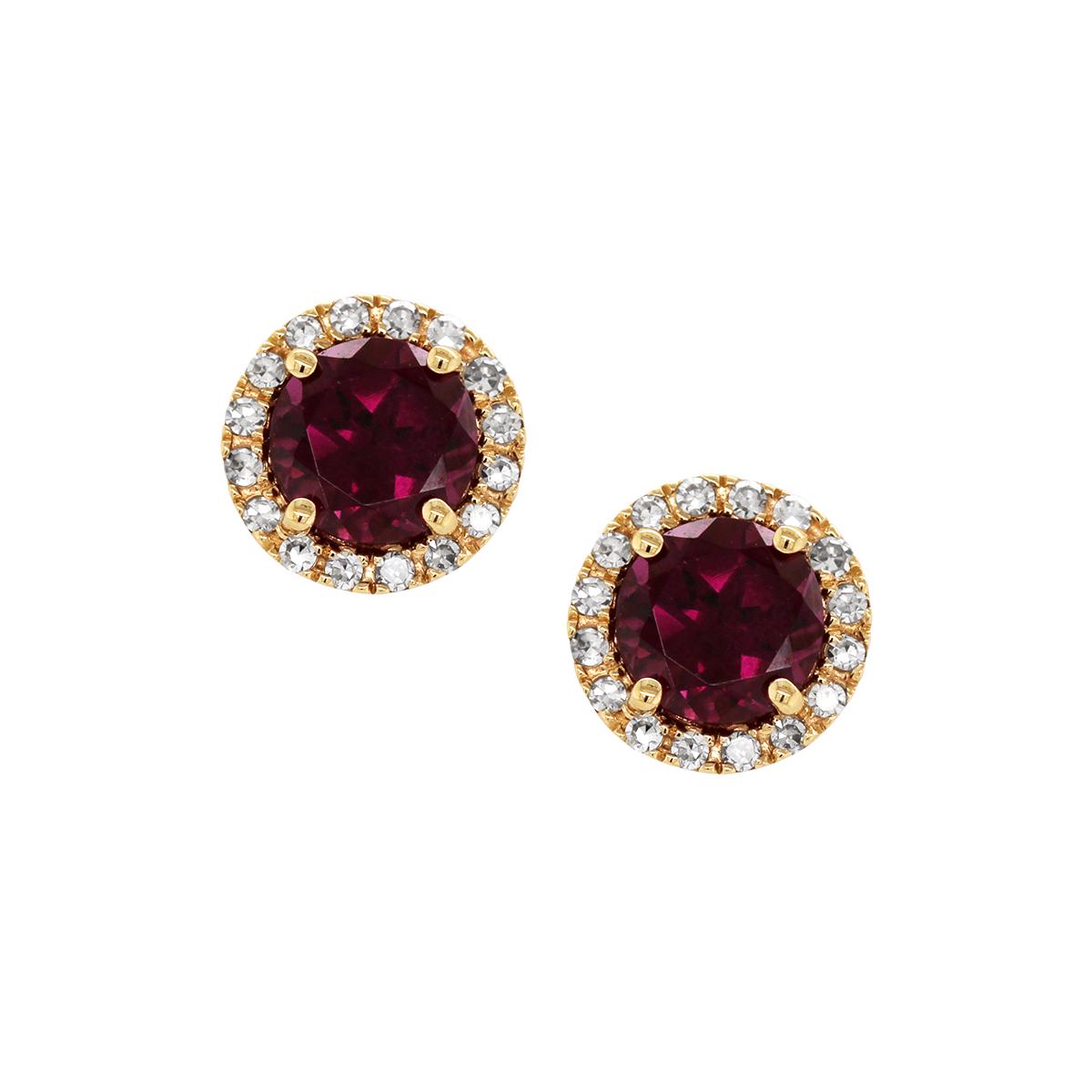 GOLD RHODOLITE GARNET STUD EARRINGS WITH DIAMOND HALO, .12 CT TW