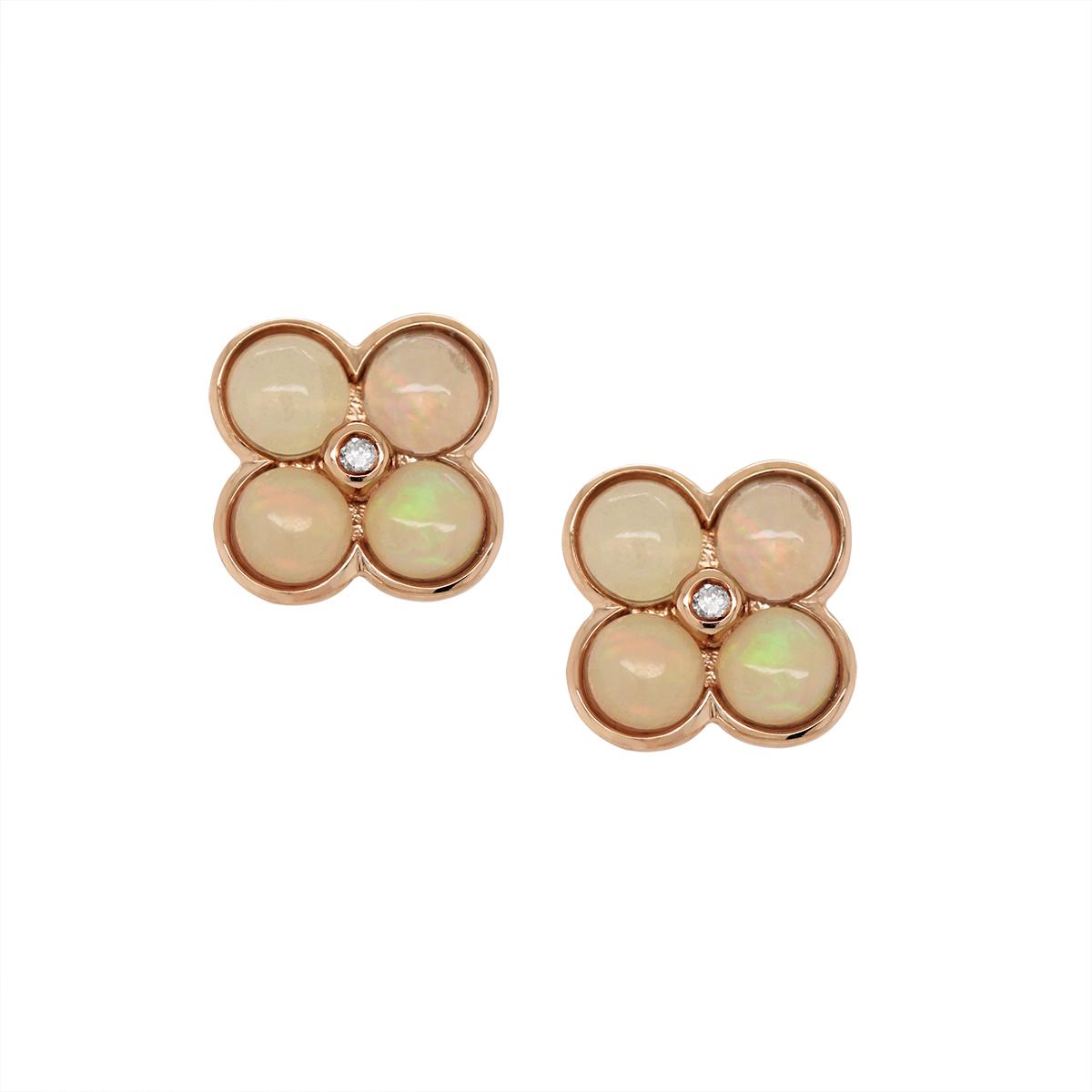 ROSE GOLD OPAL AND DIAMOND CLOVER STUD EARRINGS, .01 CT TW
