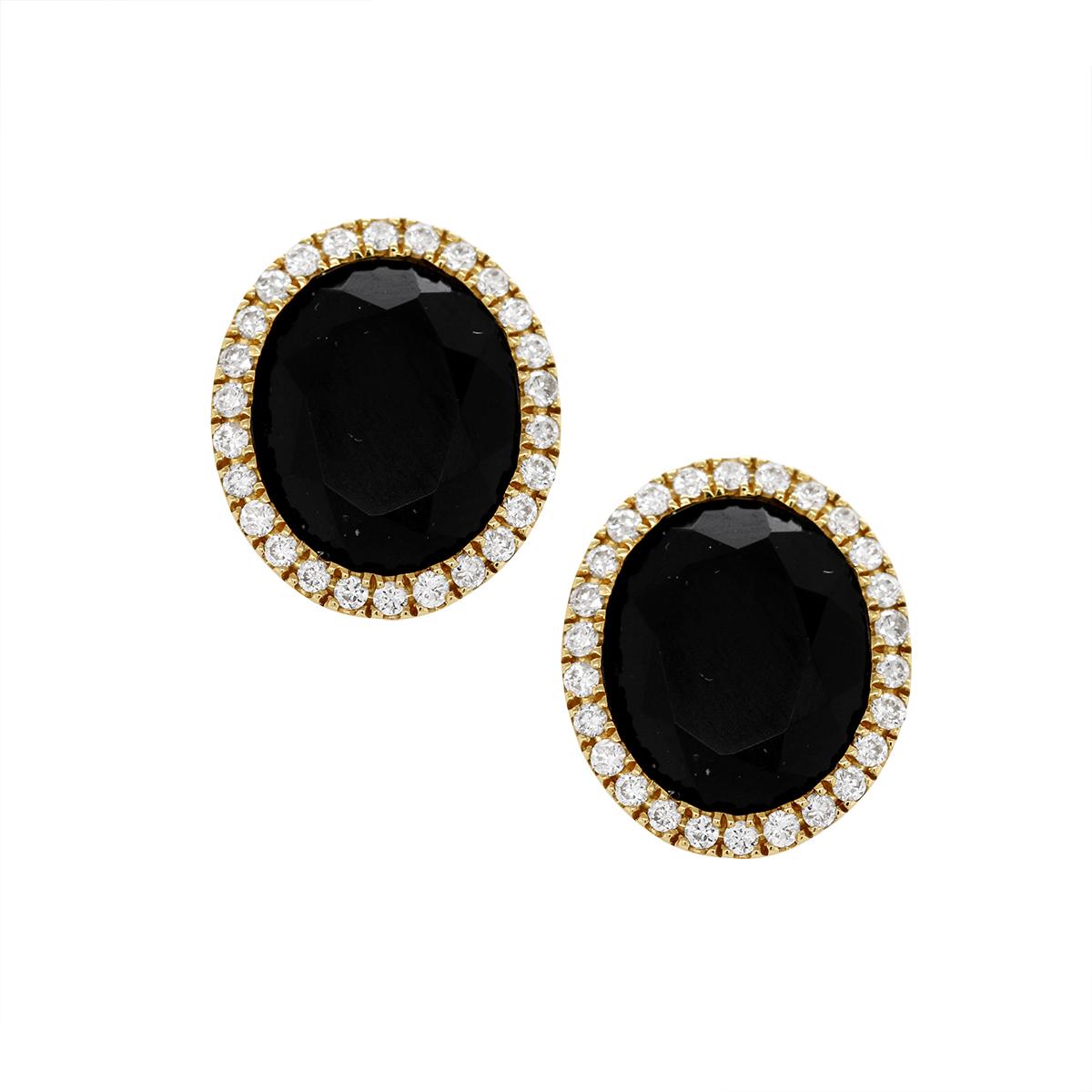 GOLD BLACK ONYX STUD EARRINGS WITH DIAMOND HALOS, .38 CT TW