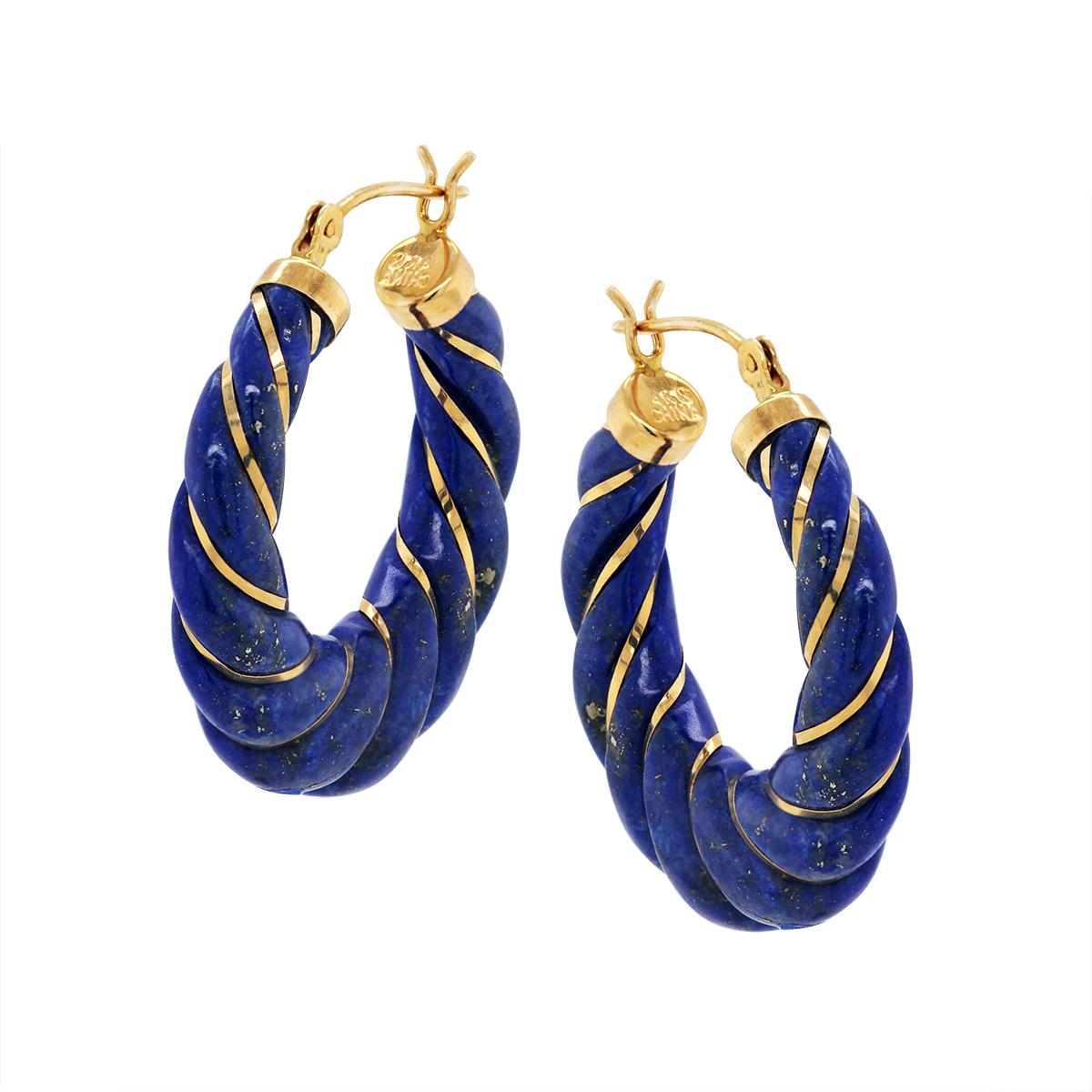 YELLOW GOLD TWISTING LAPIS HOOP EARRINGS