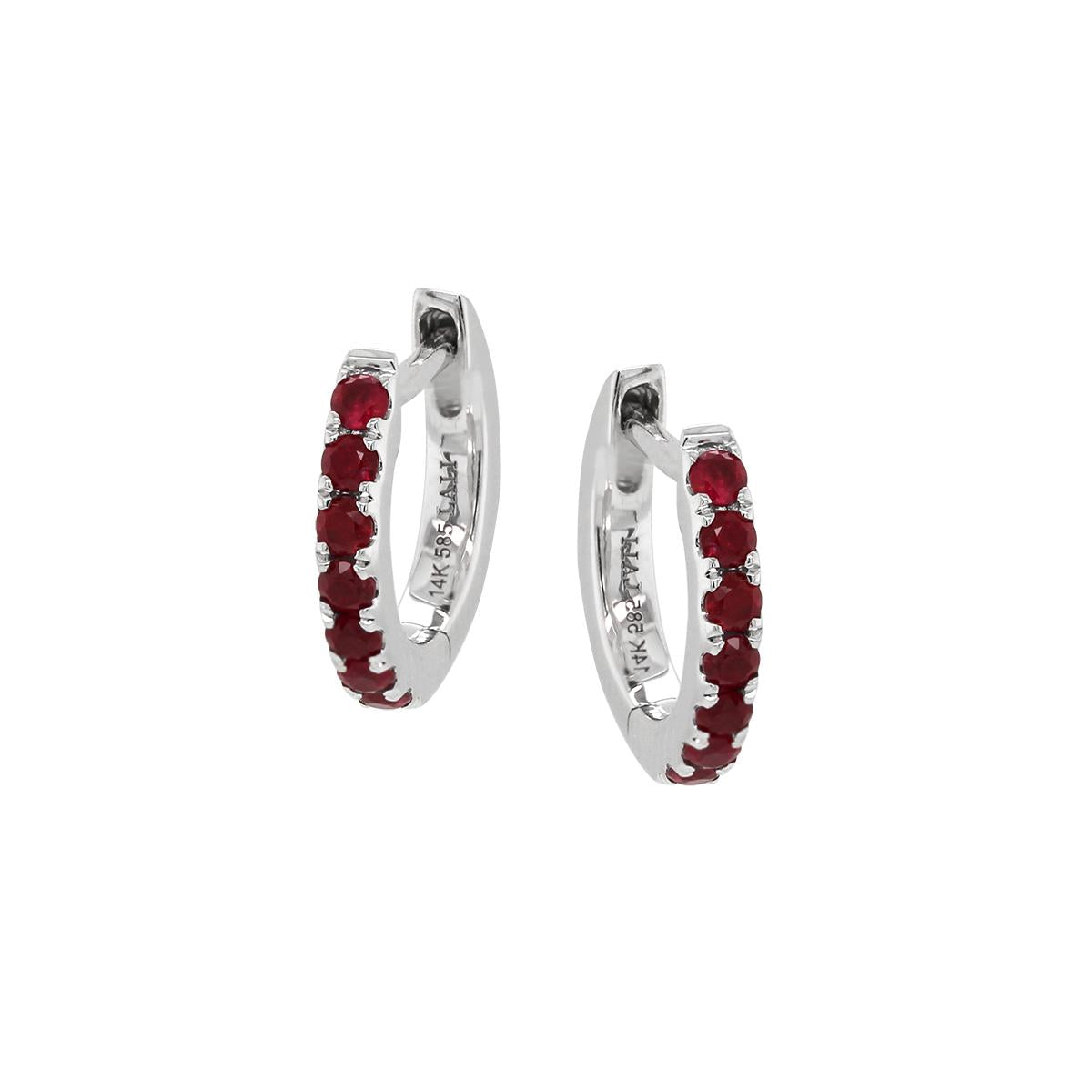 WHITE GOLD ROUND CUT RUBY HOOP EARRINGS