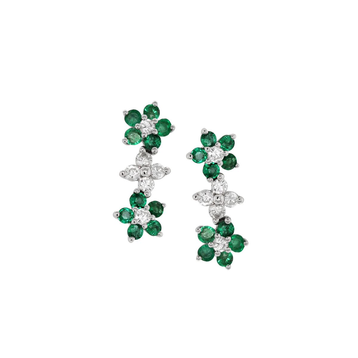 WHITE GOLD EMERALD AND DIAMOND DANGLE FLOWER EARRINGS, .18 CT TW