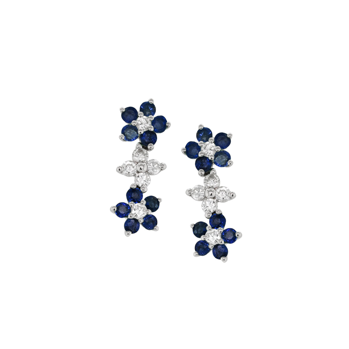 WHITE GOLD SAPPHIRE AND DIAMOND FLOWER DANGLE EARRINGS, .18 CT TW
