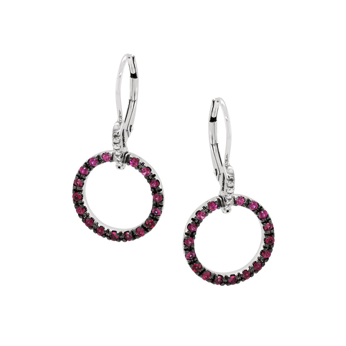 WHITE GOLD RUBY AND DIAMOND DOUBLE HOOP EARRINGS, 1/10 CT TW