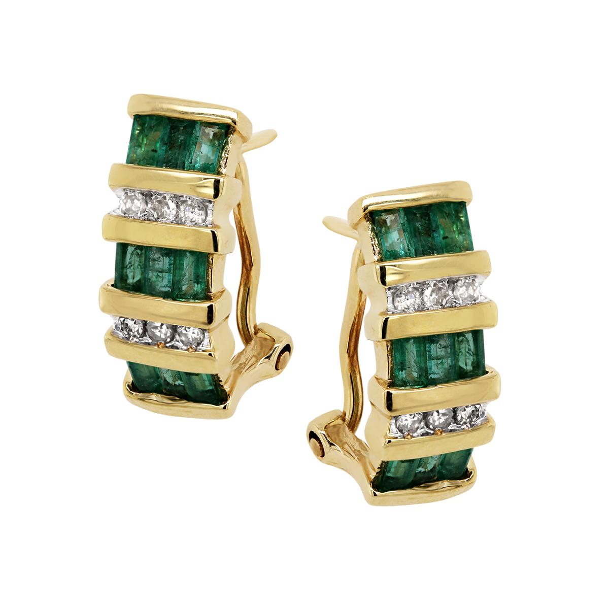 VINTAGE STYLE HOOP EARRINGS WITH EMERALDS AND DIAMONDS, 1/5 CT TW