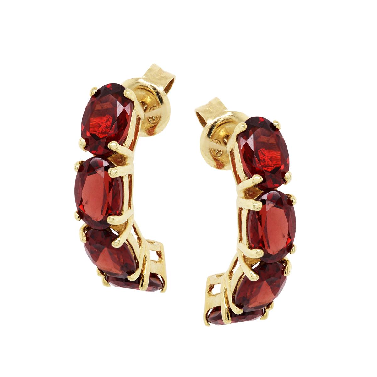 YELLOW GOLD HALF HOOP OVAL GARNET EARRINGS