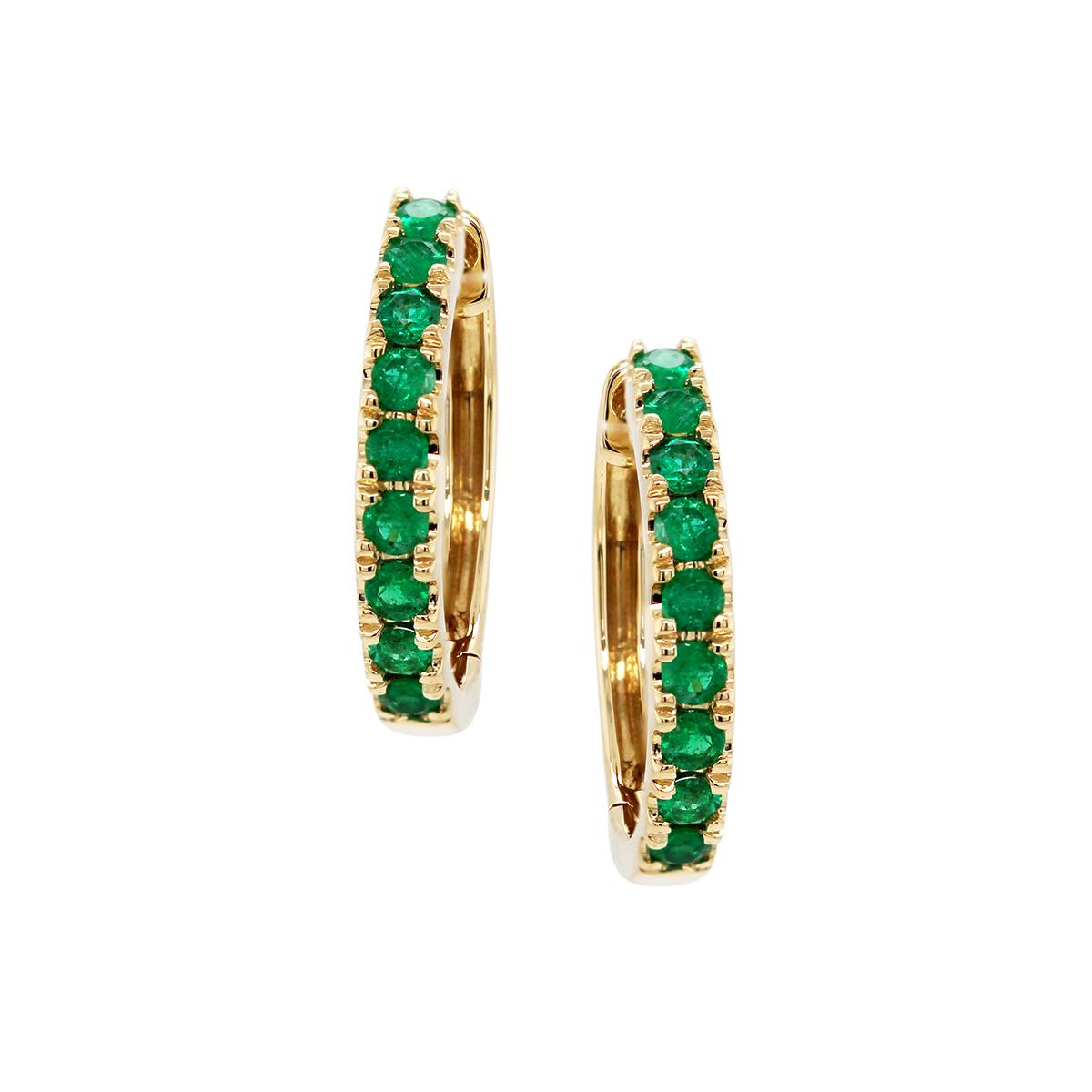 YELLOW GOLD ROUND CUT EMERALD HOOP EARRINGS