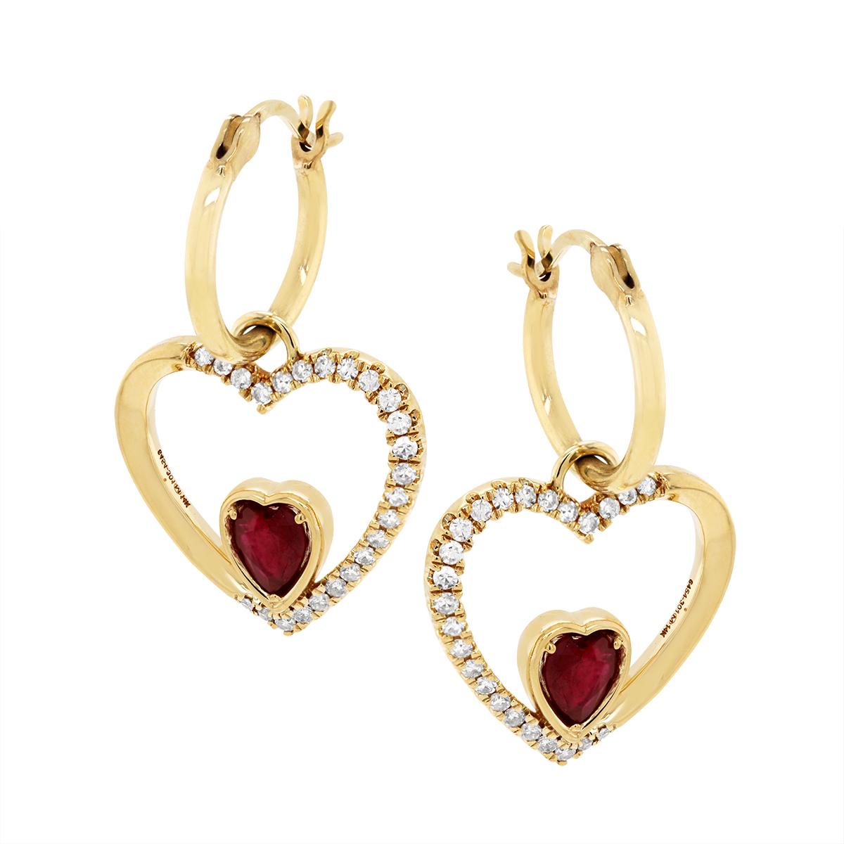 GOLD RUBY AND DIAMOND HEART SHAPED HOOP EARRINGS, .28 CT TW