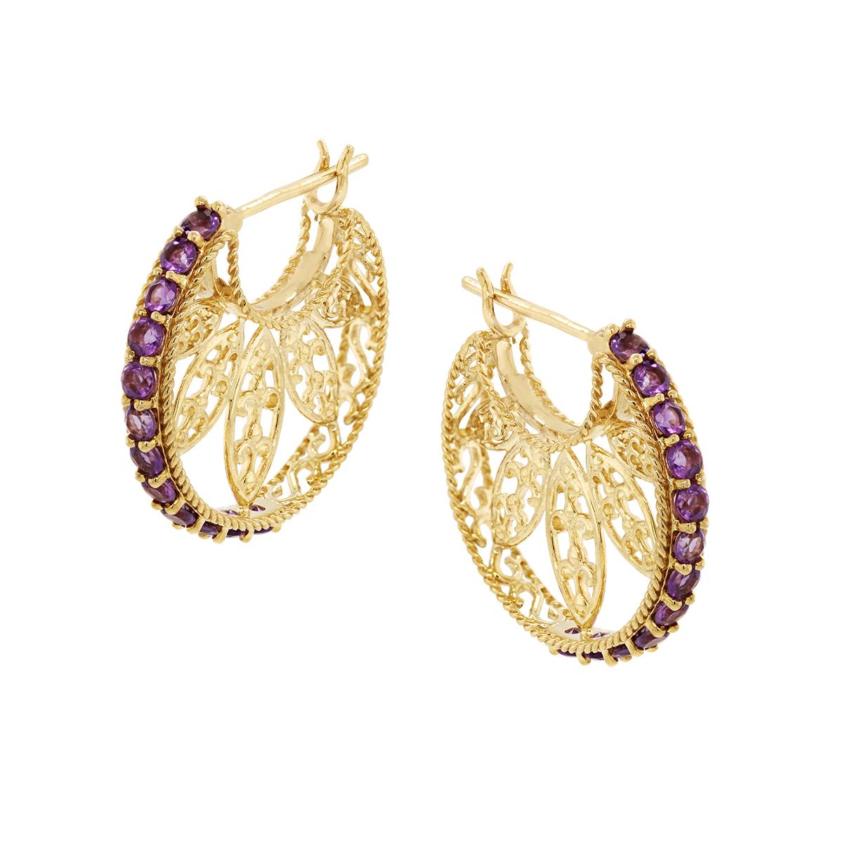 YELLOW GOLD AMETHYST FILIGREE HOOP EARRINGS