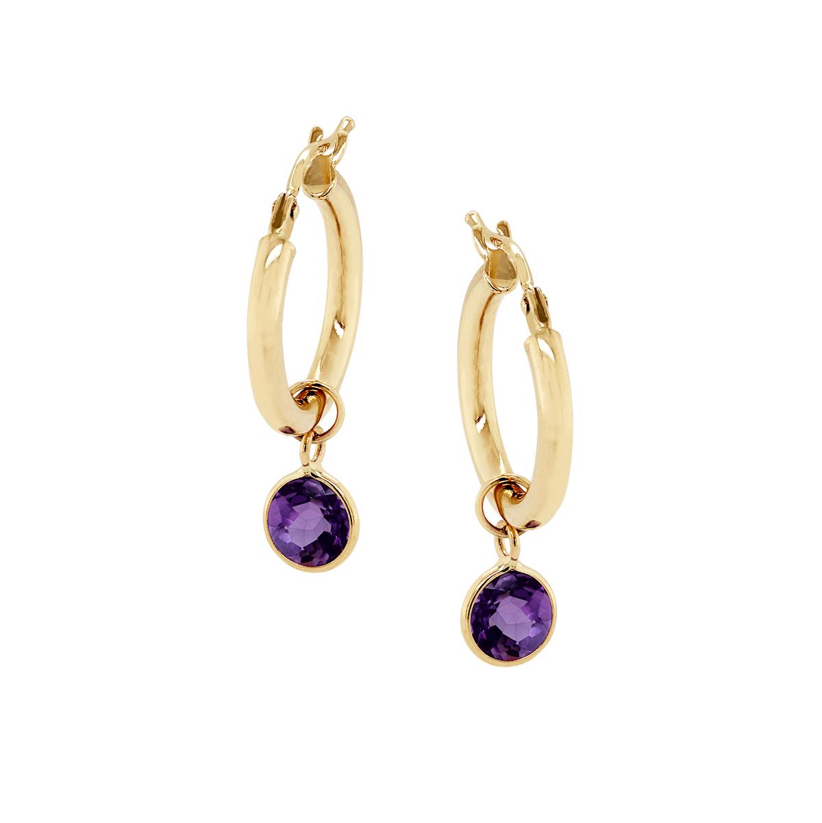 YELLOW GOLD AMETHYST HOOP DANGLE EARRINGS