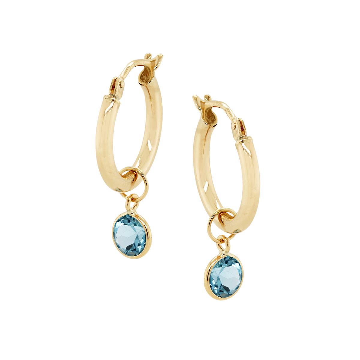YELLOW GOLD BLUE TOPAZ HOOP DANGLE EARRINGS