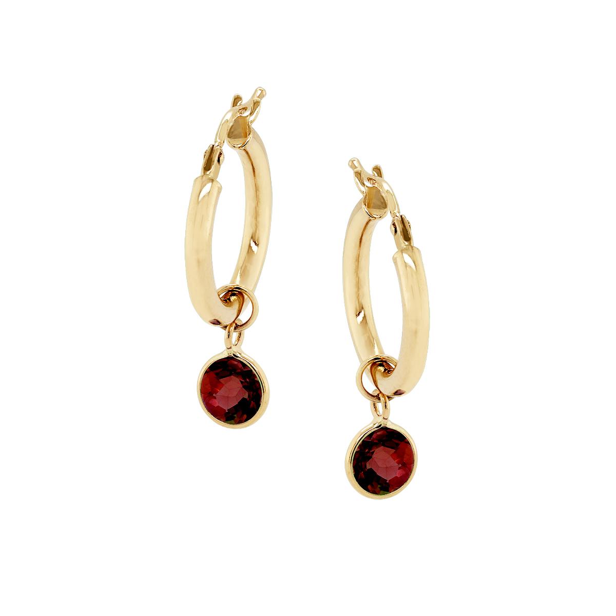 YELLOW GOLD GARNET HOOP DANGLE EARRINGS