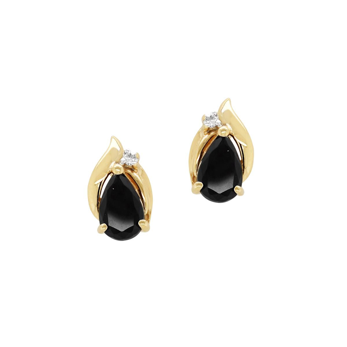 GOLD PEAR BLACK ONYX AND ROUND DIAMOND STUD EARRINGS, 1/10 CT TW