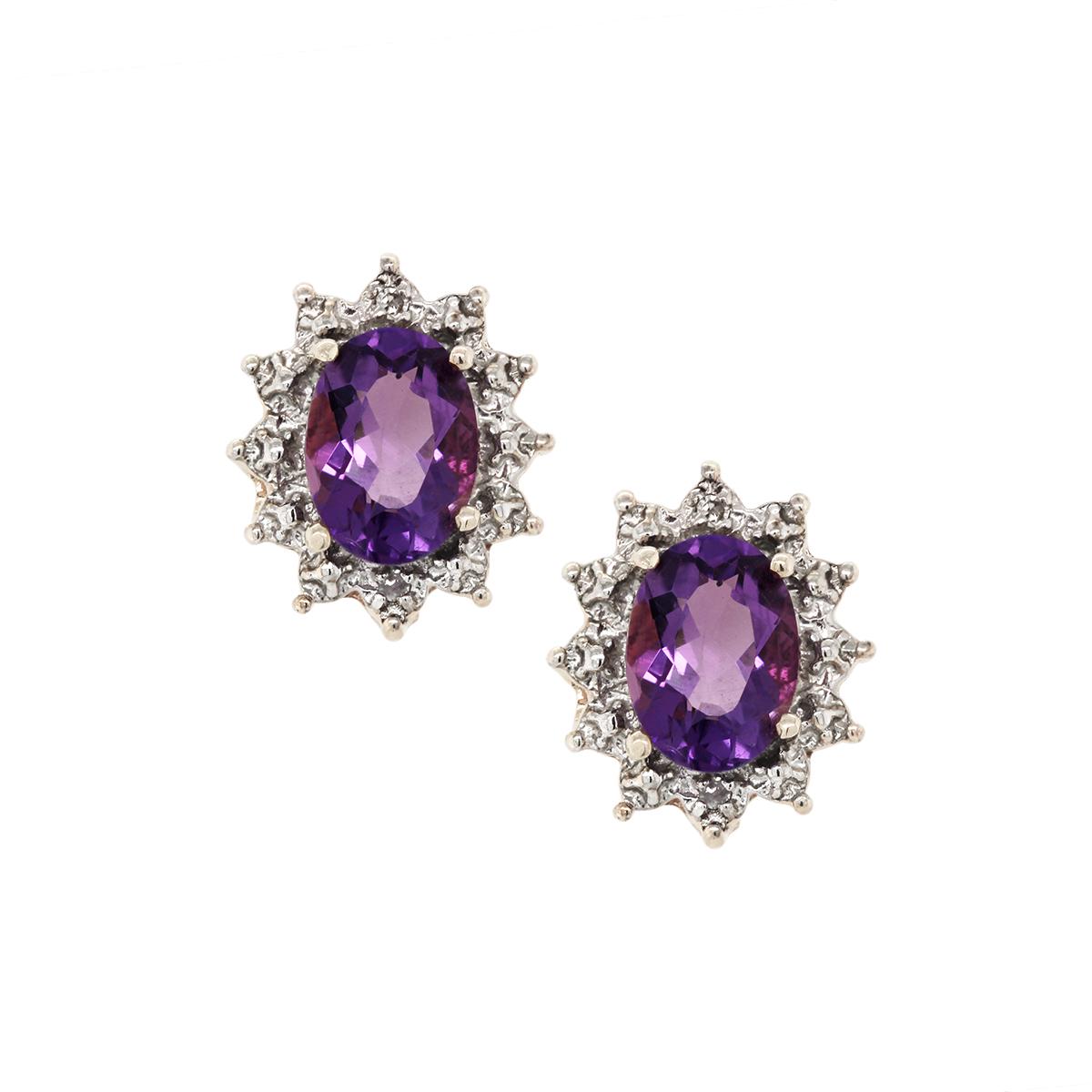 GOLD OVAL AMETHYST STUD EARRINGS WITH DIAMONDS, 1/10 CT TW