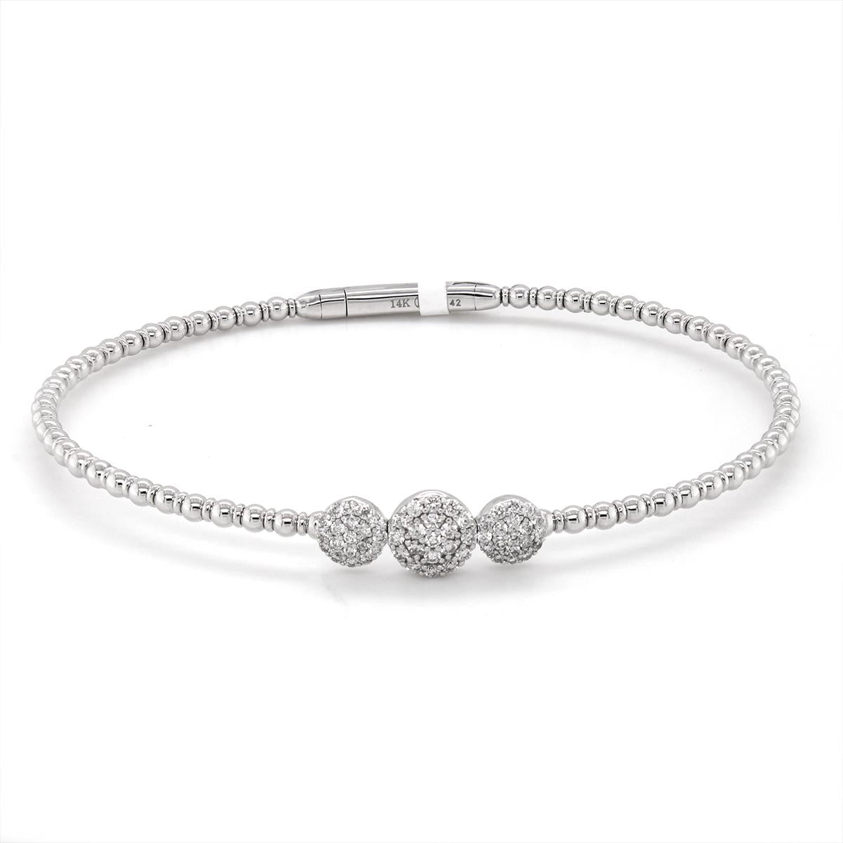 WHITE GOLD BEADED BANGLE BRACELET WITH CLUSTER DIAMONDS, .42 CT TW