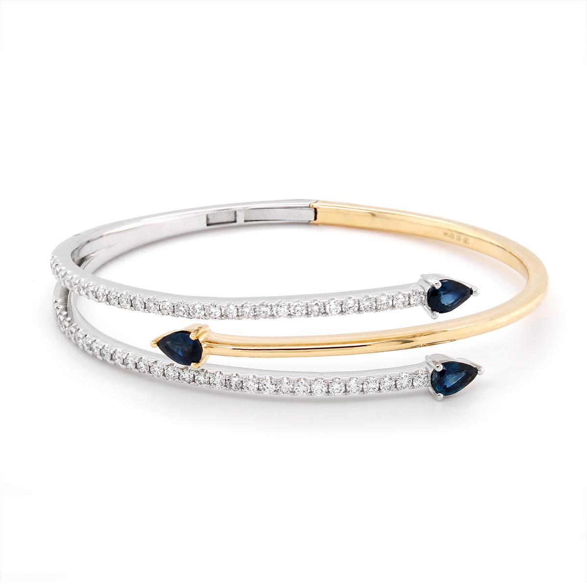 TWO-TONE GOLD BANGLE BRACELET WITH PEAR SAPPHIRES AND ROUND DIAMONDS, 1.30 CT TW