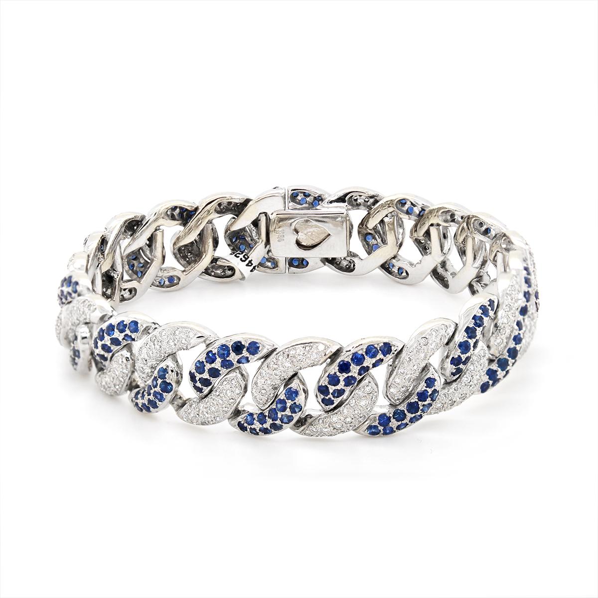 WHITE GOLD SAPPHIRE AND DIAMOND CUBAN LINK BRACELET, 2.00 CT TW