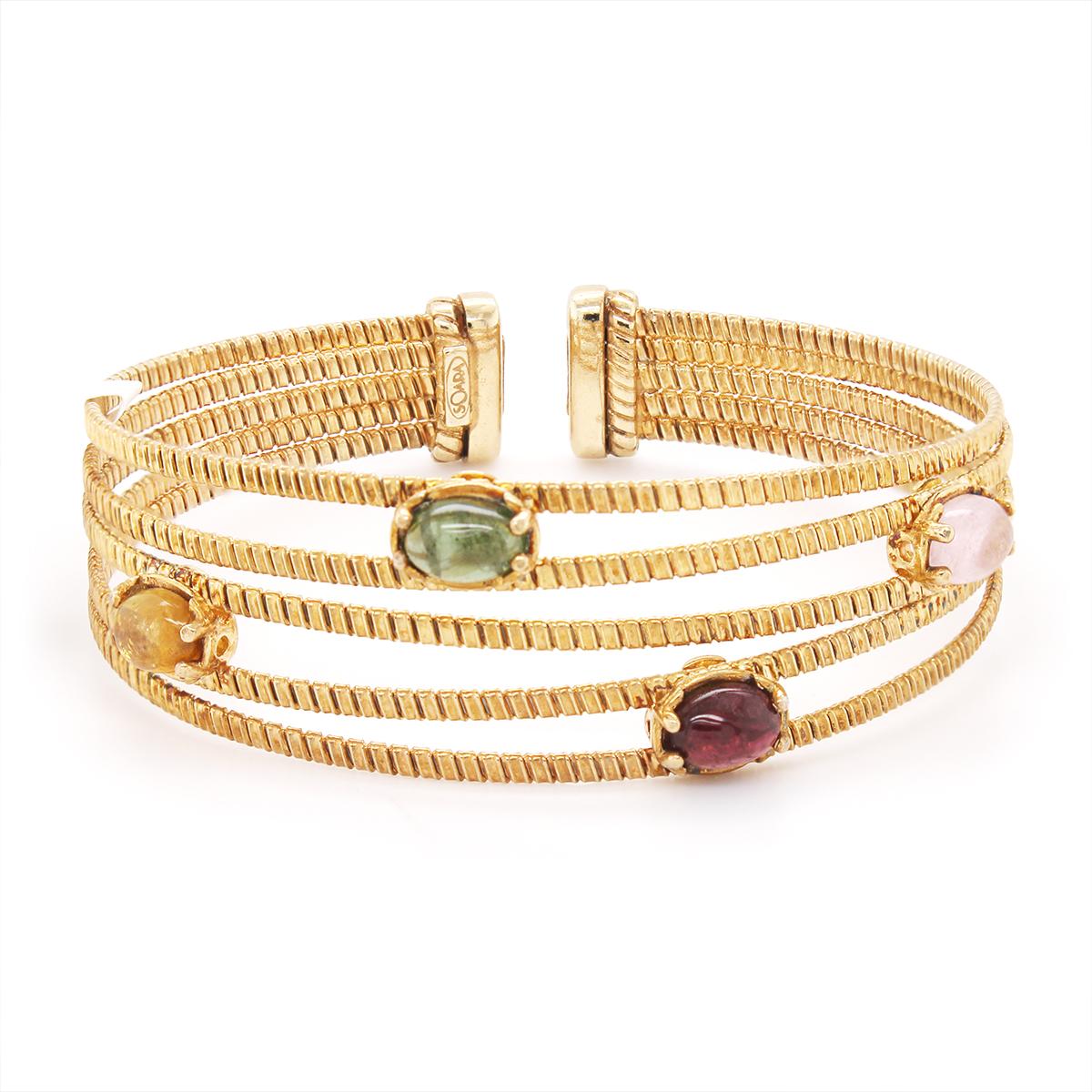 GOLD TONE SILVER WIDE MULTICOLOR TOURMALINE BANGLE BRACELET